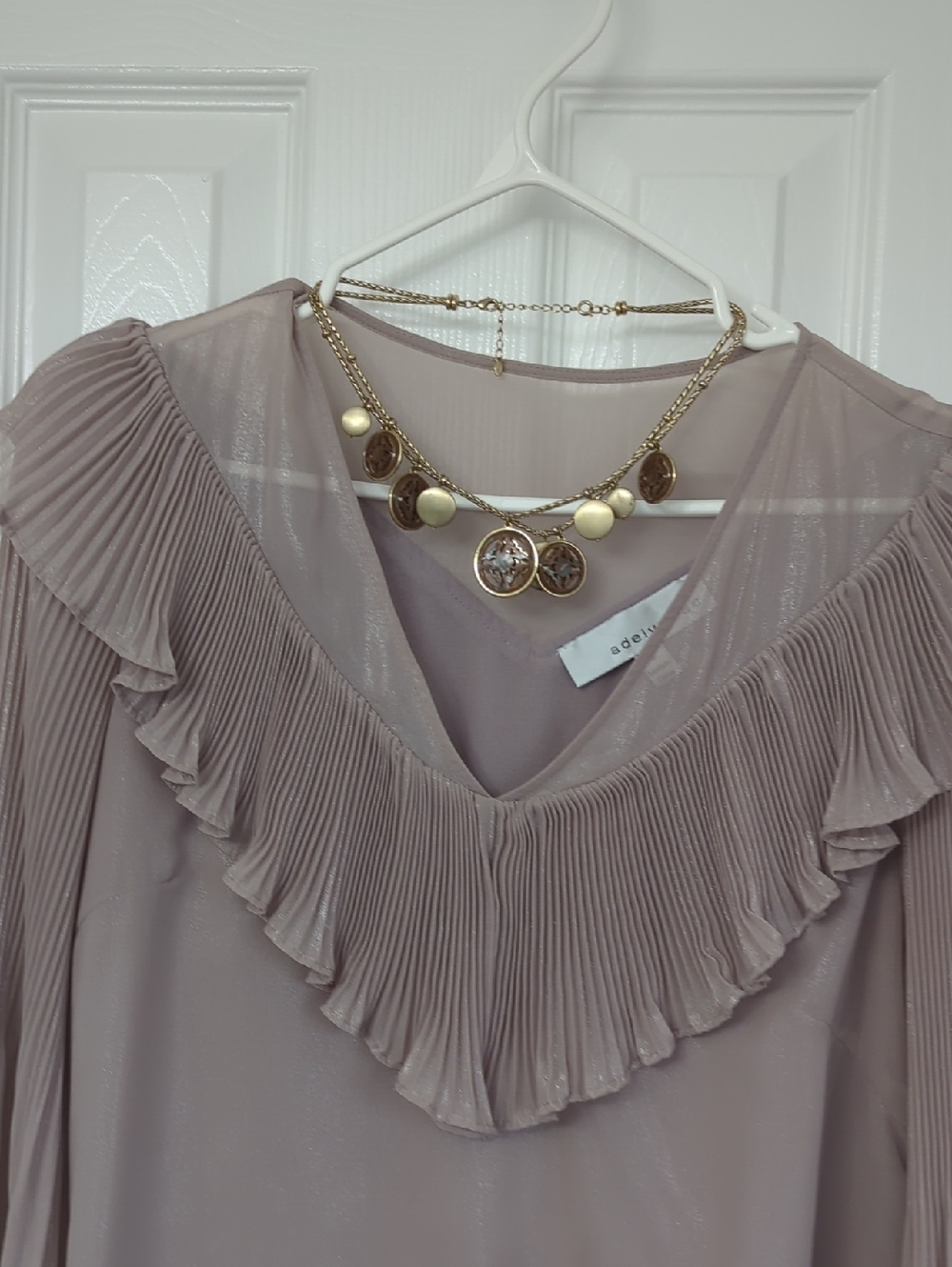 Adelyn Rae Pleated Ruffle V-Neck Blouse - Taupe - Picture 9 of 9
